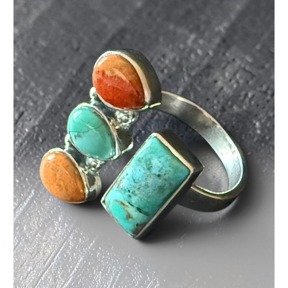 Sterling Silver Turquoise & Spiny Oyster Southwestern Bypass Statement Ring - Picture 2 of 8